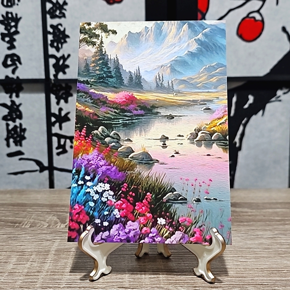 4x6 Colorful Floral Landscape with Mountains Oil Painting Art‎ Print
